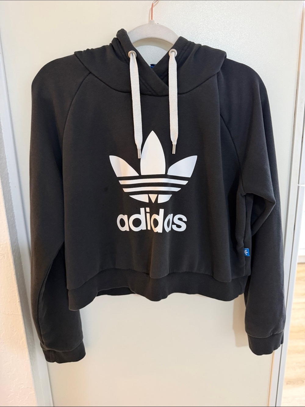 adidas Black Cropped Hoodie with White Logo | L